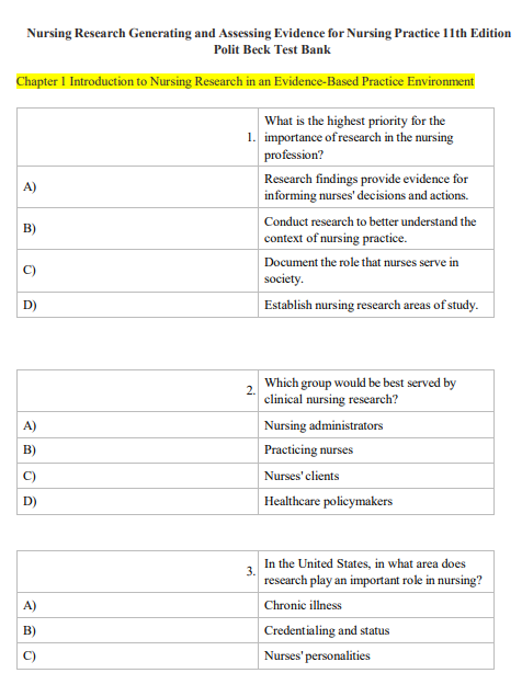 Test Bank for Polit & Beck’s Nursing Research: Generating and Assessing Evidence for Nursing Practice 12th Edition by Flanagan and Beck - Image 2